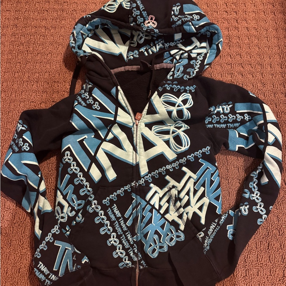 TNA Women's Black and Blue Graphic Sweater